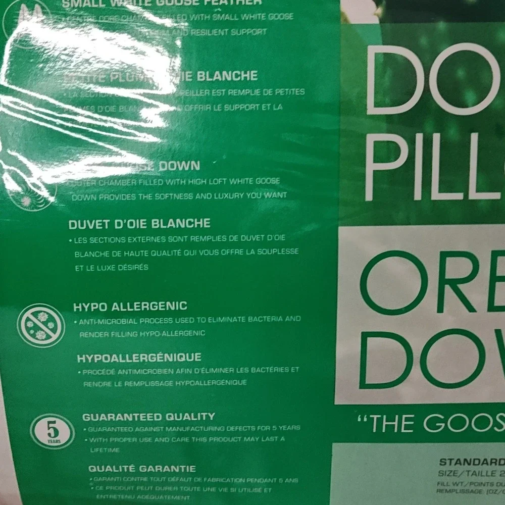 NEW Canadian Down & Feather Company Down Perfect Standard Pillow 20x26 37oz Fill